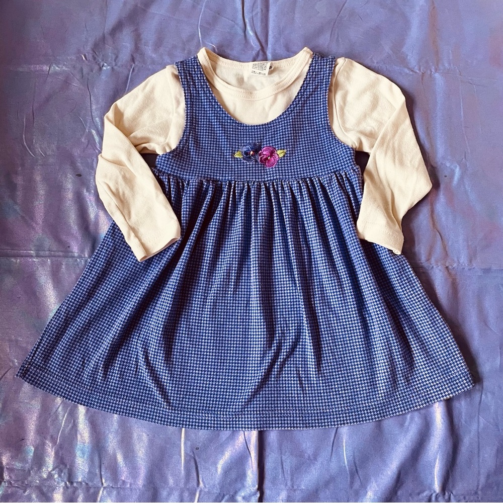 Purple dress with attached off white long sleeve shirt, child size 4T